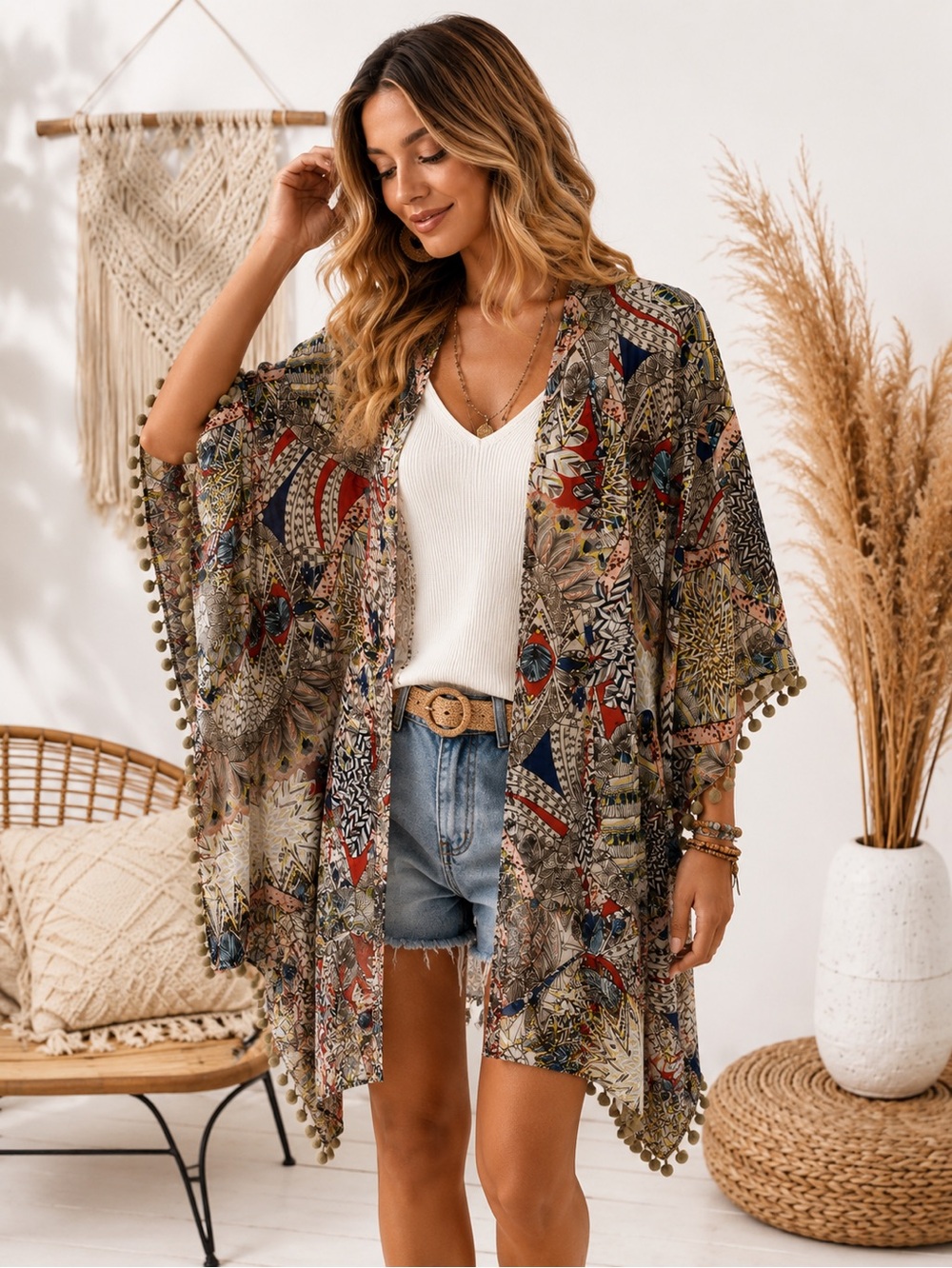 Umgee Boho Printed Kimono Cardigan - Feather Print - Preloved